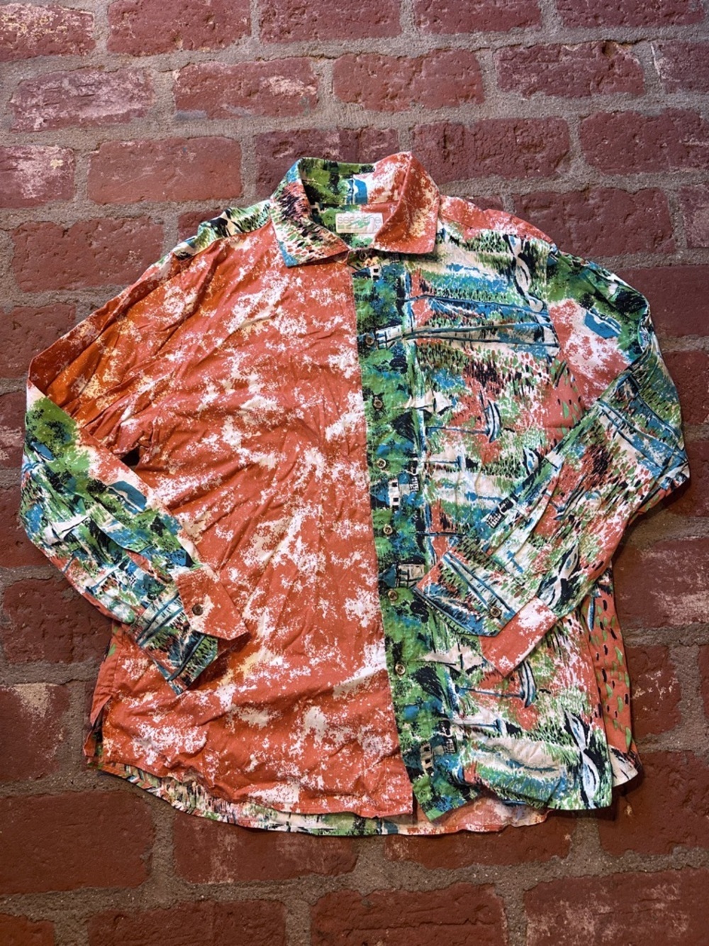 Seaplane Men's XL Colorblock Abstract Print Button-Up Shirt Orange Coral & Green